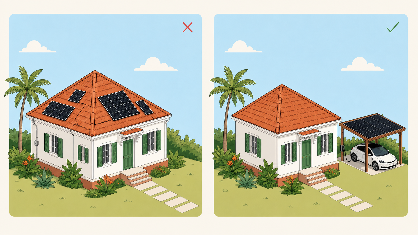 Comparaison : villa avec panneaux sur toiture principale (à éviter) vs villa avec garage solaire dédié